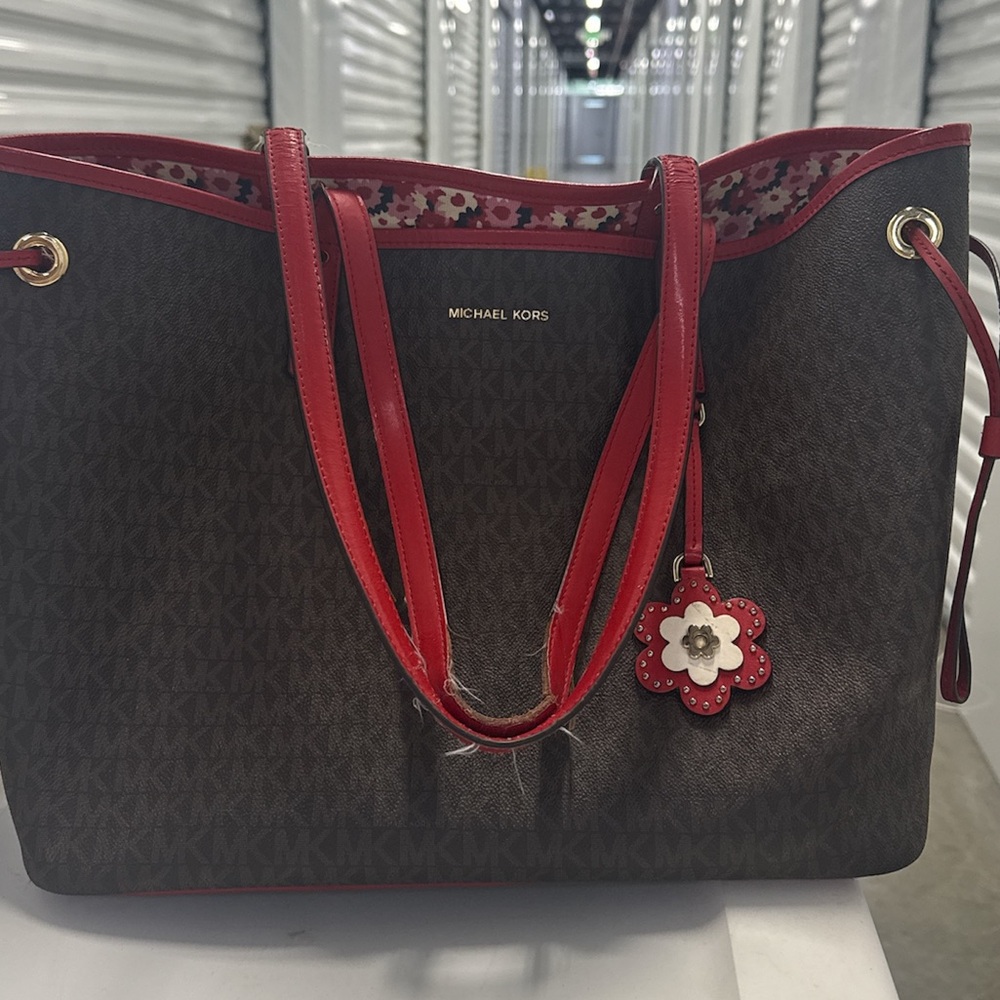 Michael Kors Brown monogram and Red floral Signature Tote!